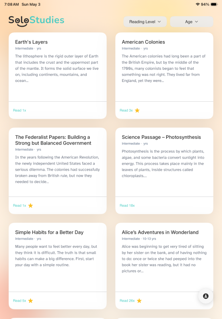 SoloStudies library showing age-appropriate reading passages for secondary students