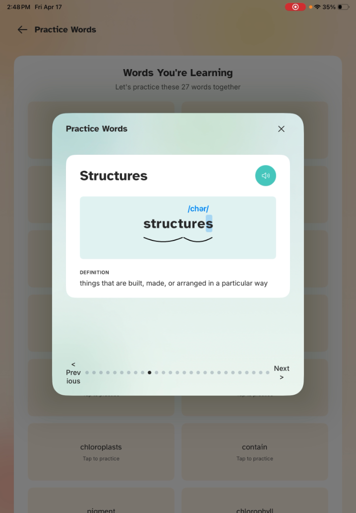 Practice page showing word definition and pronunciation